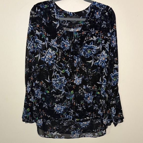 White House Black Market Black and Blue Floral Blouse - Picture 2 of 6